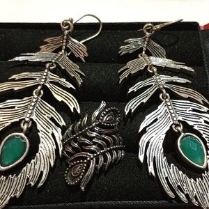 Vintage Sterling Silver Peacock Feather Ring and Peacock Feather Earrings